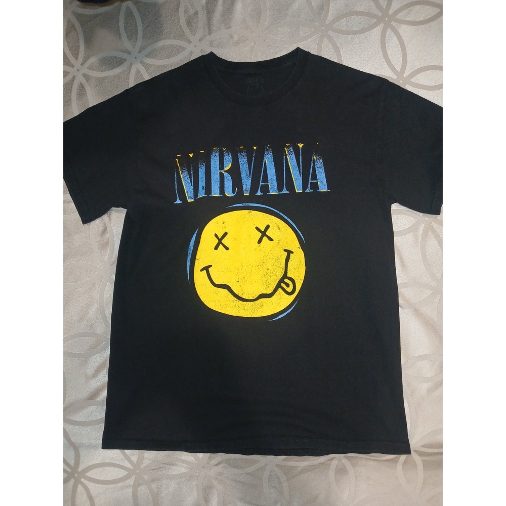 Nirvana Smiley Face Graphic T-Shirt Mens Medium Black Short Sleeve Rock Band Tee